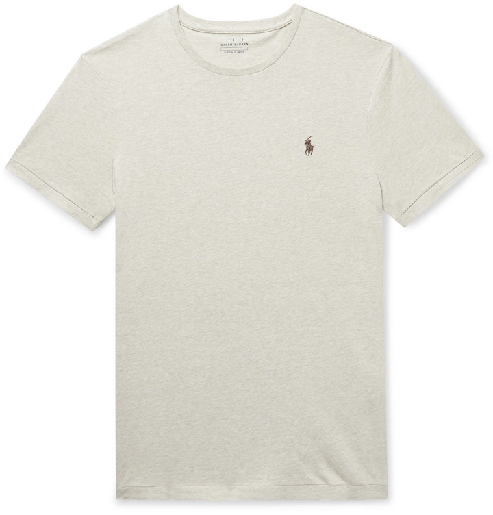 Photo: POLO RALPH LAUREN - Slim-Fit Logo-Embroidered Mélange Cotton-Jersey T-Shirt - Neutrals