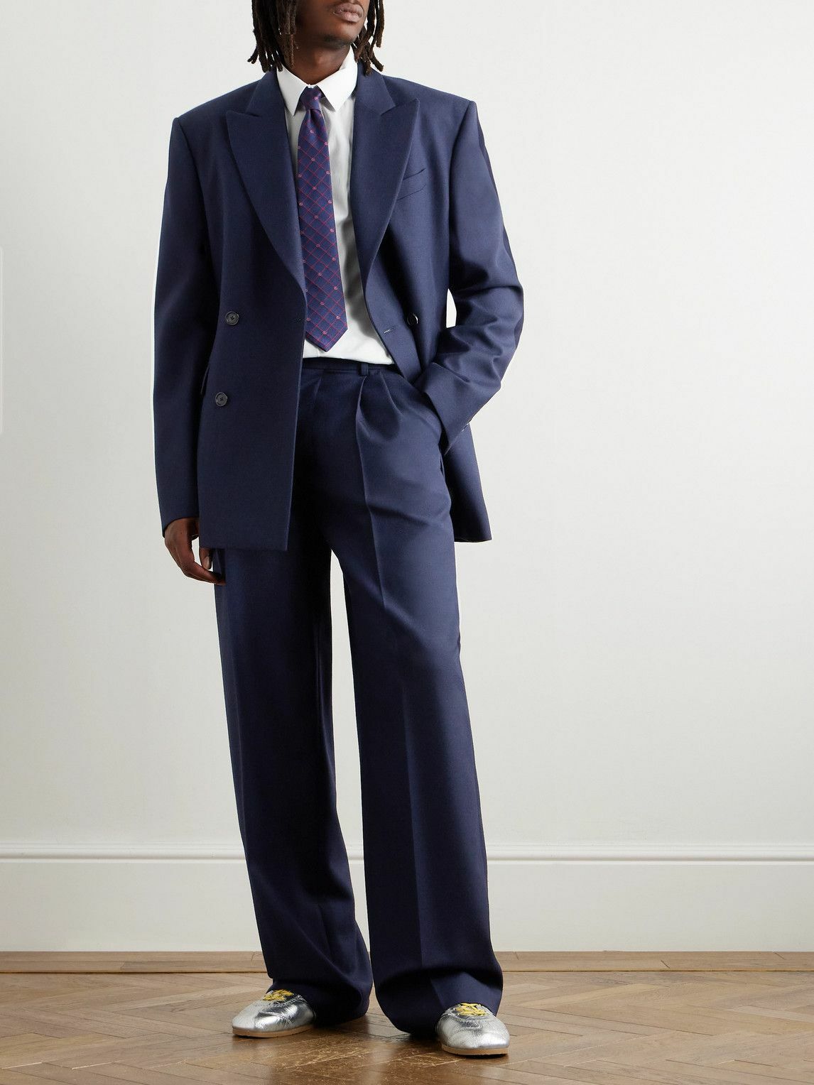 LOEWE - Wide-Leg Pleated Wool-Twill Trousers - Blue Loewe