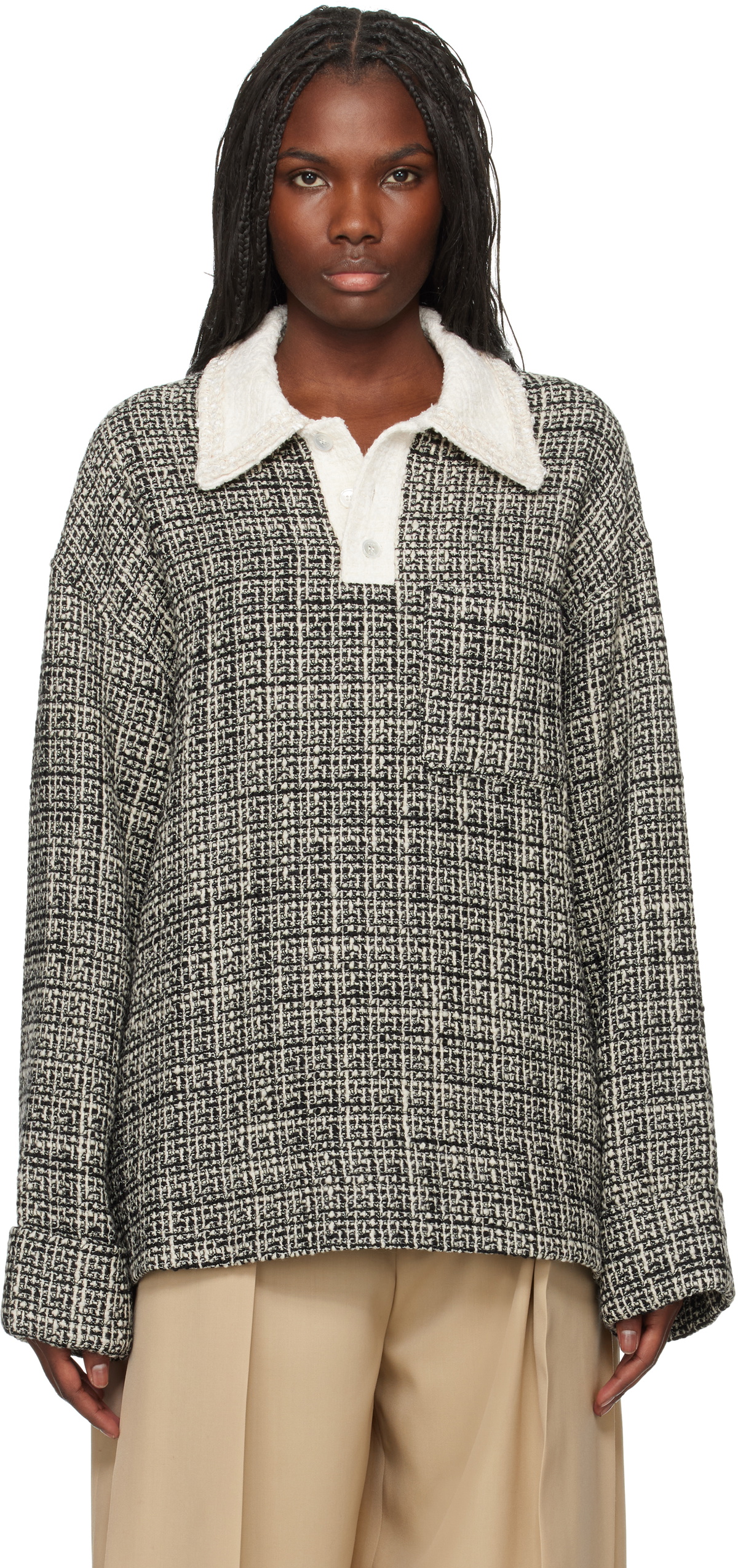 WOOYOUNGMI Black & White Multi Tweed Long Sleeve Polo
