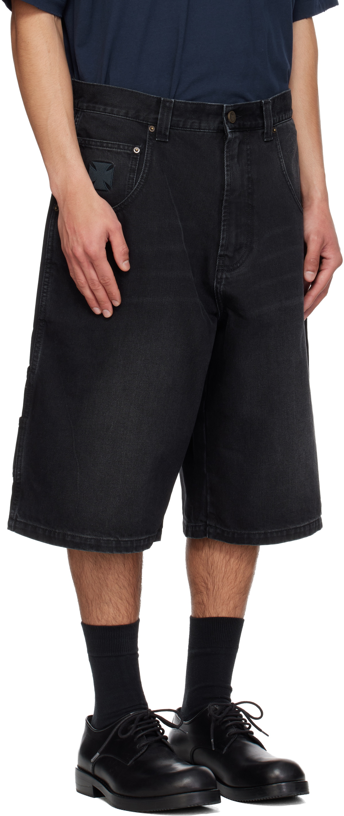 VETEMENTS Black Appliqué Biker Cross Hip-Hop Denim Shorts