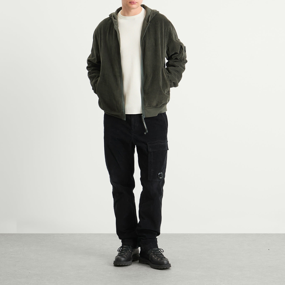 C.P. Company Men's Corduroy Lens Zip Hoodie in Dark Shadow