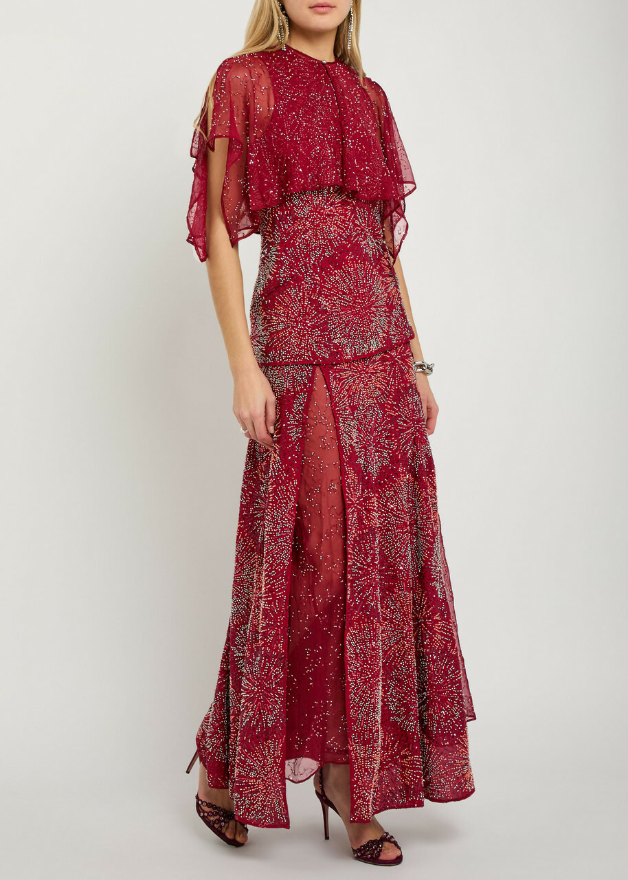 Rabanne Bead-embellished Chiffon Maxi Skirt Red