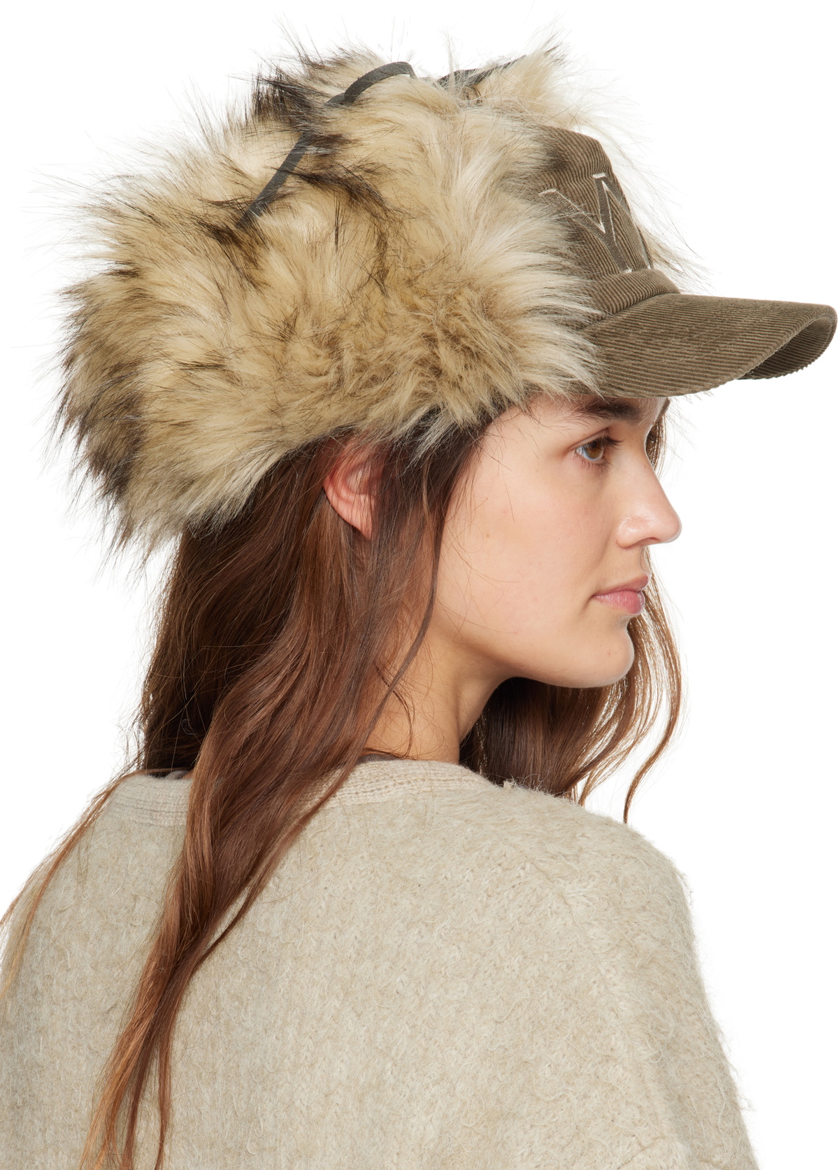 OPEN YY Khaki & Beige Faux Fur Corduroy Earflap Cap OPEN YY