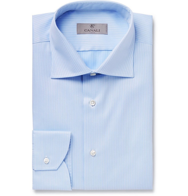 Photo: Canali - Light-Blue Slim-Fit Micro-Herringbone Cotton Shirt - Blue