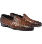 Santoni - Woven Burnished-Leather Loafers - Brown