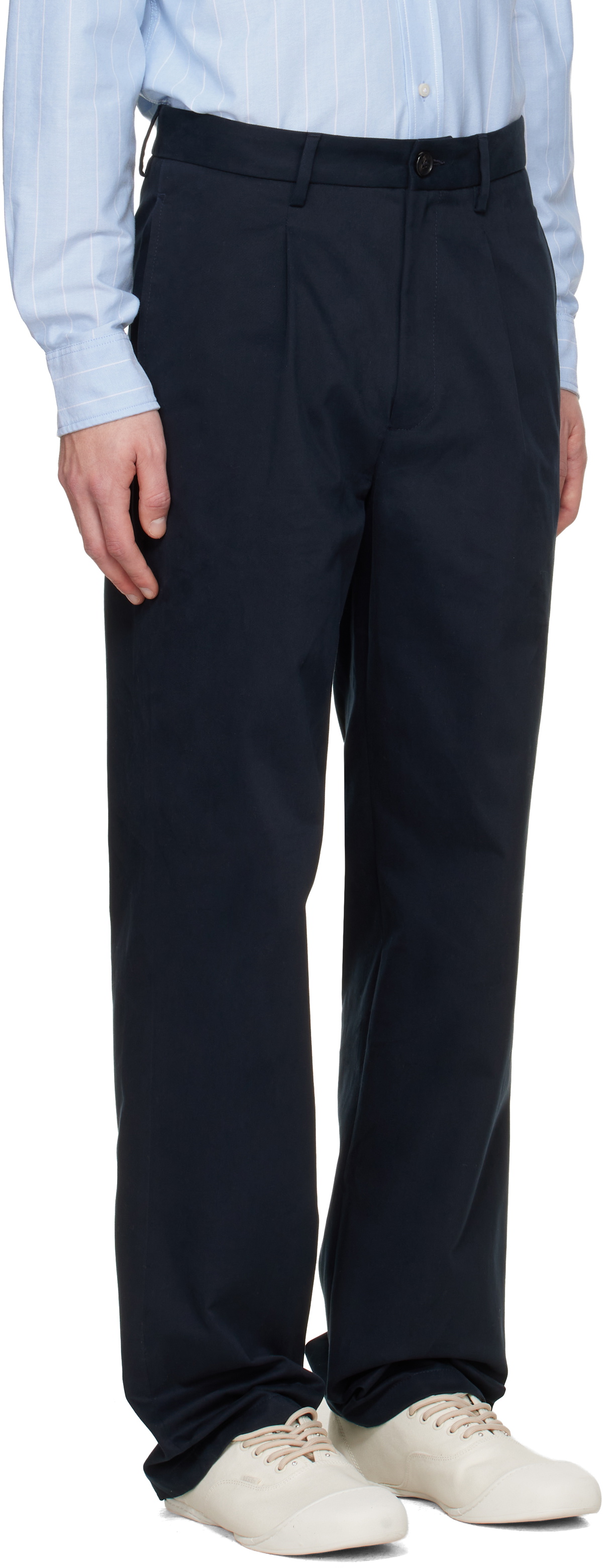 Noah Navy Sanded Twill Pleated Trousers