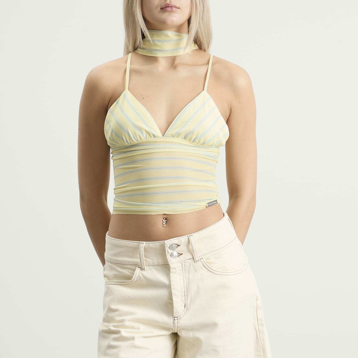 House Of Sunny Women's Striped Mesh Cami Top in Butter