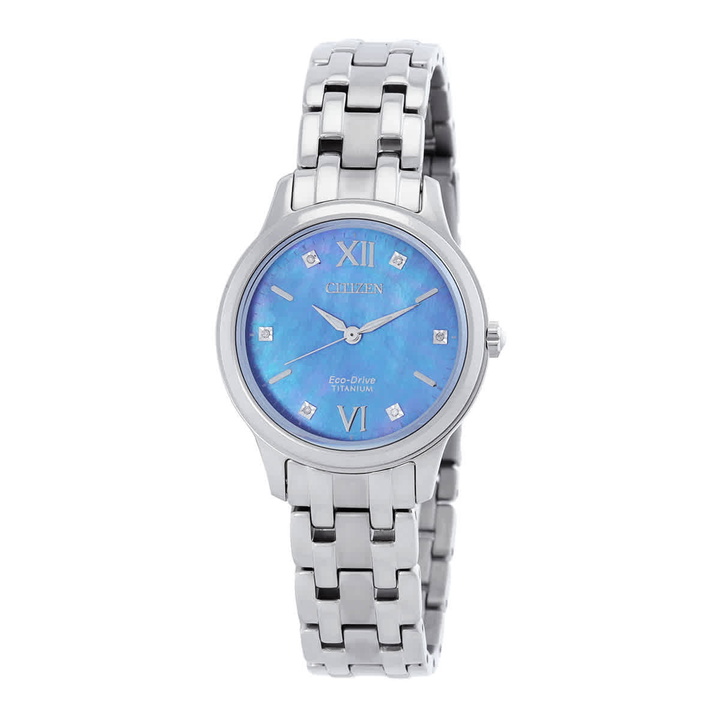 Photo: Citizen Eco-Drive Titanium Diamond Blue Mother of Pearl Dial Ladies Watch EM0720-85N