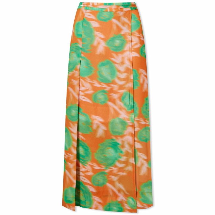 Photo: GANNI Women's Printed Light Crepe Wrap Skirt in Vibrant Orange
