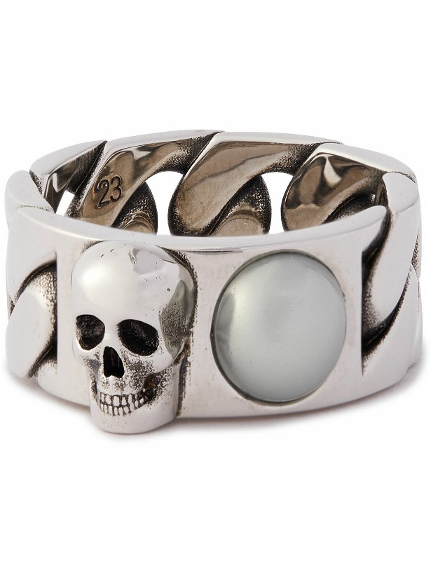 Photo: Alexander McQueen - Skull Burnished Silver-Tone Faux Pearl Ring - Silver