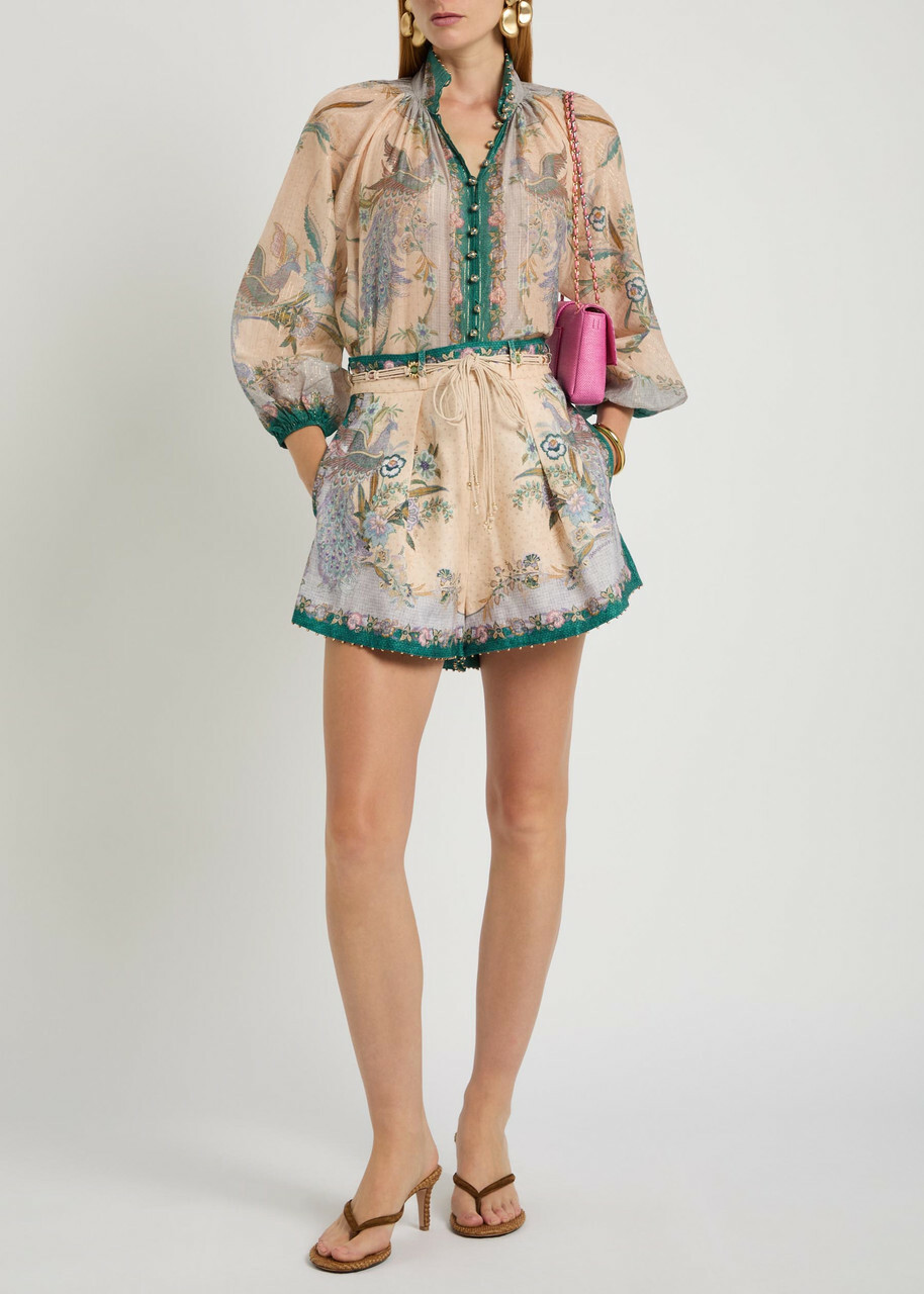 Zimmermann Indra Printed Belted Linen Shorts Cream