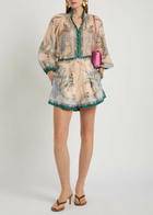Zimmermann Indra Printed Belted Linen Shorts Cream