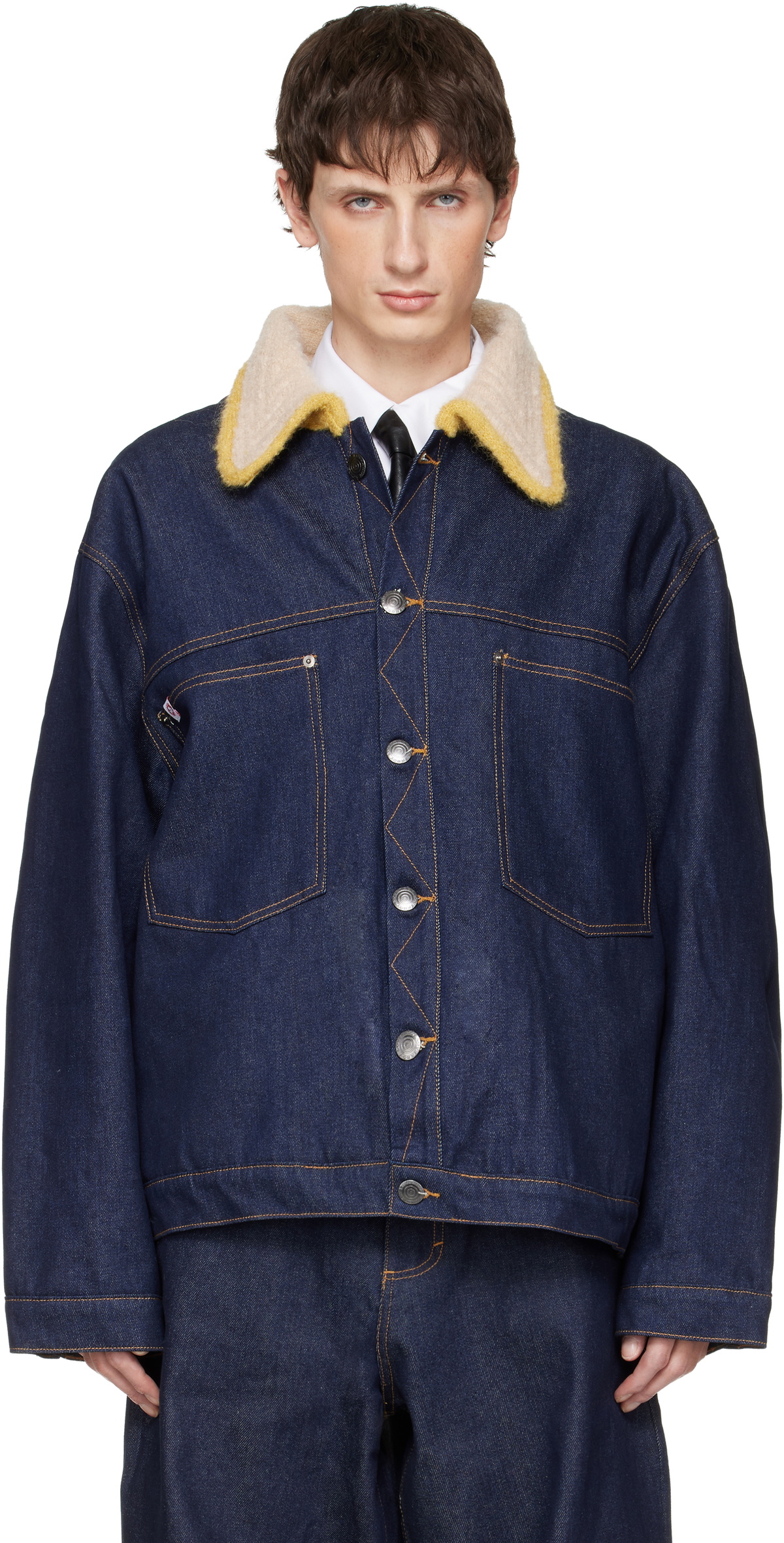 Charles Jeffrey LOVERBOY Navy Knitted Collar Denim Jacket Charles