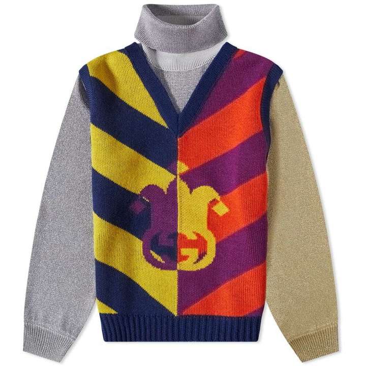 Photo: Gucci Men's Catwalk Look 89 Logo Jacquard Knitted Vest in Multi