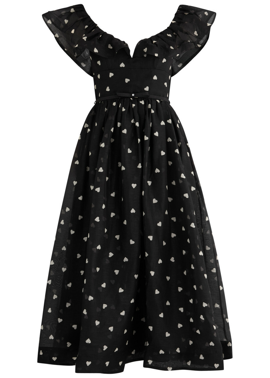 Zimmermann Crush Heart-print Linen-blend Midi Dress Black