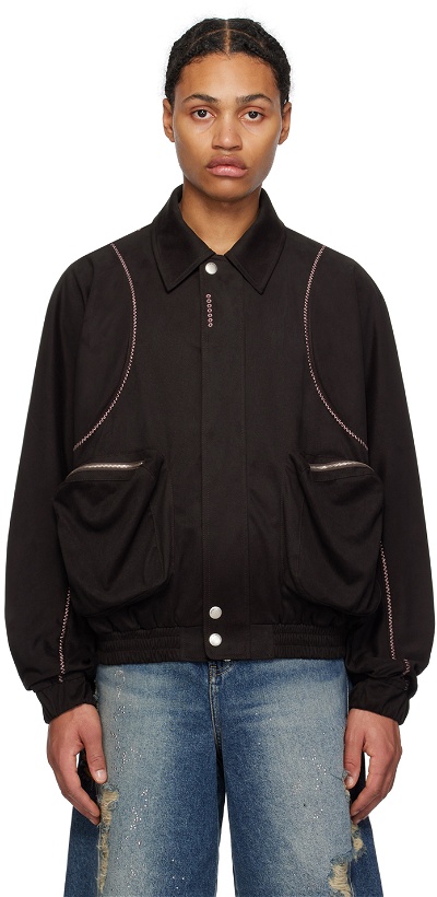 Photo: lesugiatelier Brown Embroidered Faux-Leather Bomber Jacket