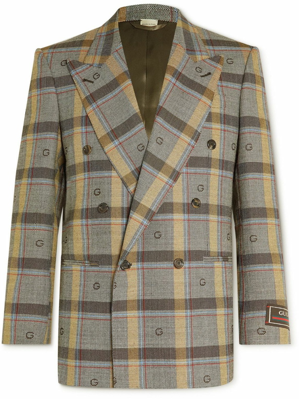 Photo: GUCCI - Double-Breasted Logo-Embroidered Checked Wool Suit Jacket - Brown