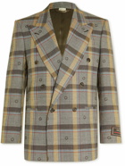 GUCCI - Double-Breasted Logo-Embroidered Checked Wool Suit Jacket - Brown