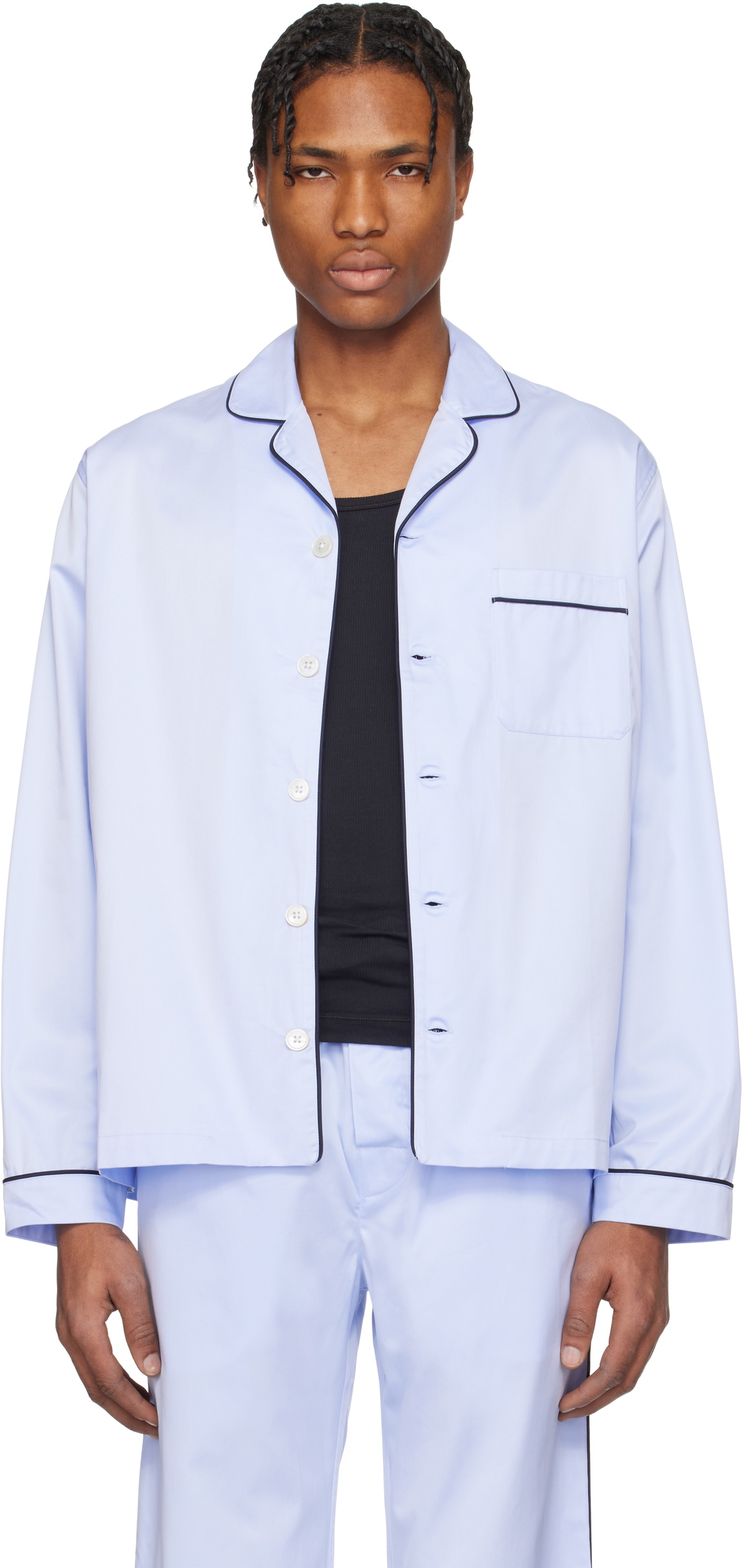 Tekla Blue Sateen Long-Sleeved Pyjama Shirt