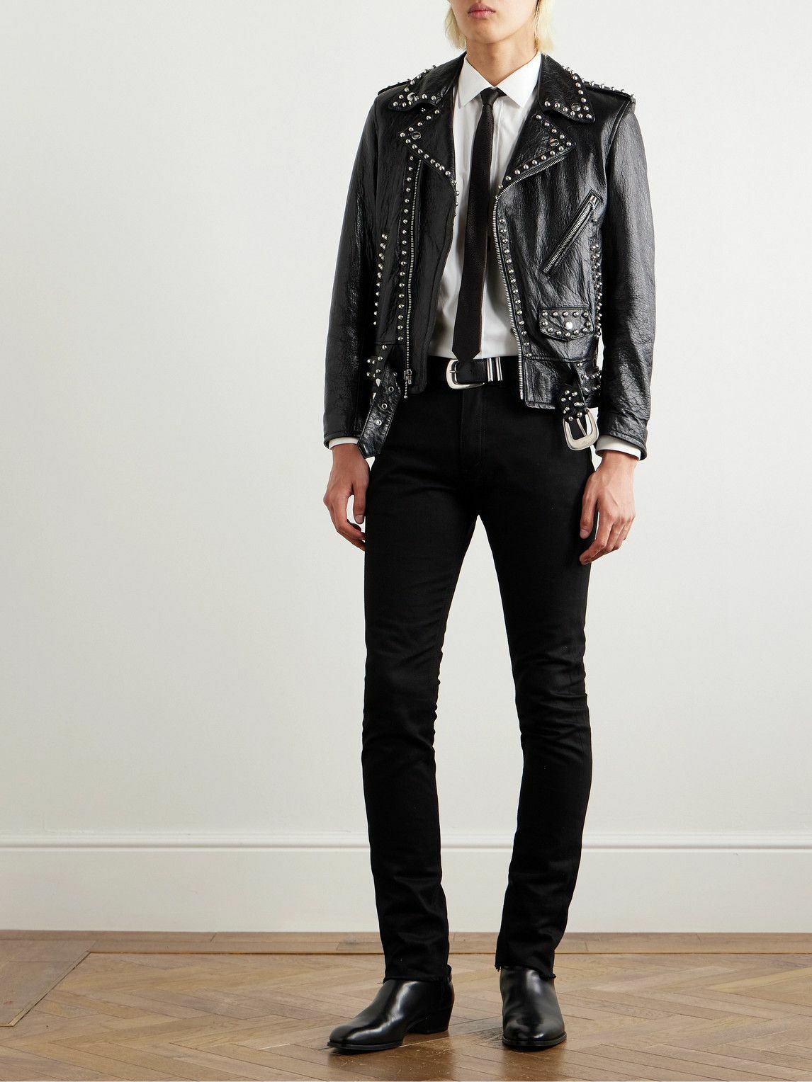 CELINE - Studded Belted Textured-Leather Jacket - Black Celine