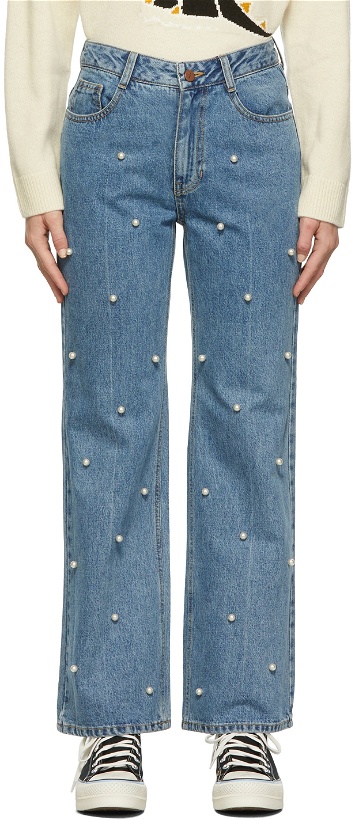 Photo: SJYP Blue Faux-Pearl Detail Jeans