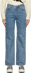 SJYP Blue Faux-Pearl Detail Jeans