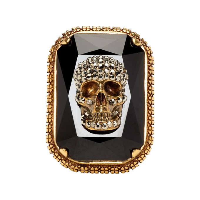 Photo: Alexander McQueen Gold and Black Skull Jewelled Ring