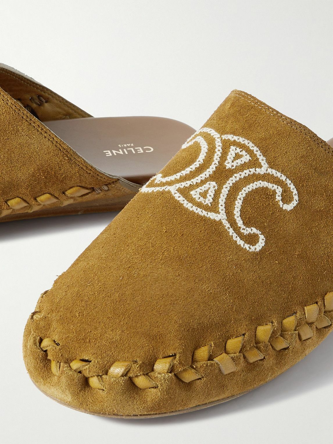 CELINE - Leather-Trimmed Logo-Embroidered Suede Mules - Brown