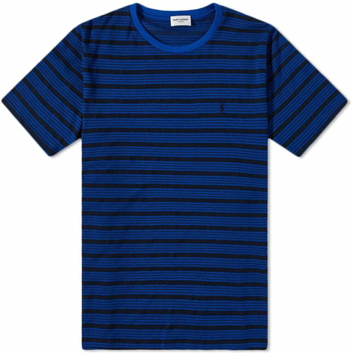 Photo: Saint Laurent Men's Logo Striped Crew Neck T-Shirt in Blue/Black
