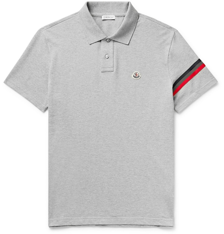 Photo: Moncler - Logo-Appliquéd Webbing-Trimmed Cotton-Piqué Polo Shirt - Gray