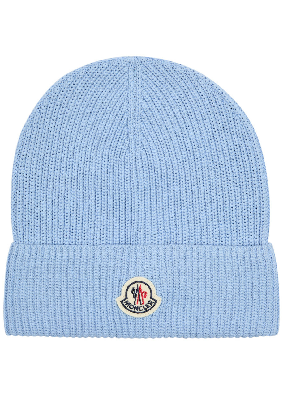 ハット MONCLER WHITE AND BLUE WOOL HAT MONCLER Dark Blue & White Striped Cable-Knit Wool Beanie