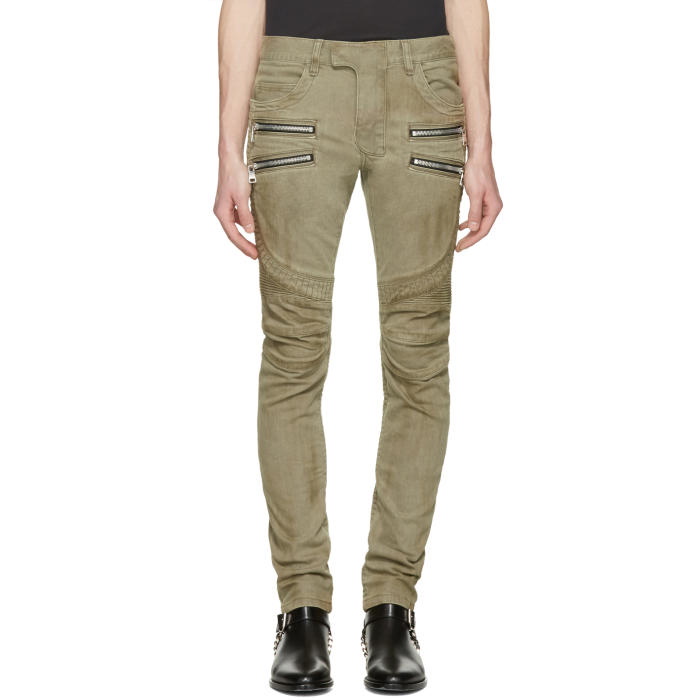 Photo: Balmain Beige Biker Rib Zip Jeans 