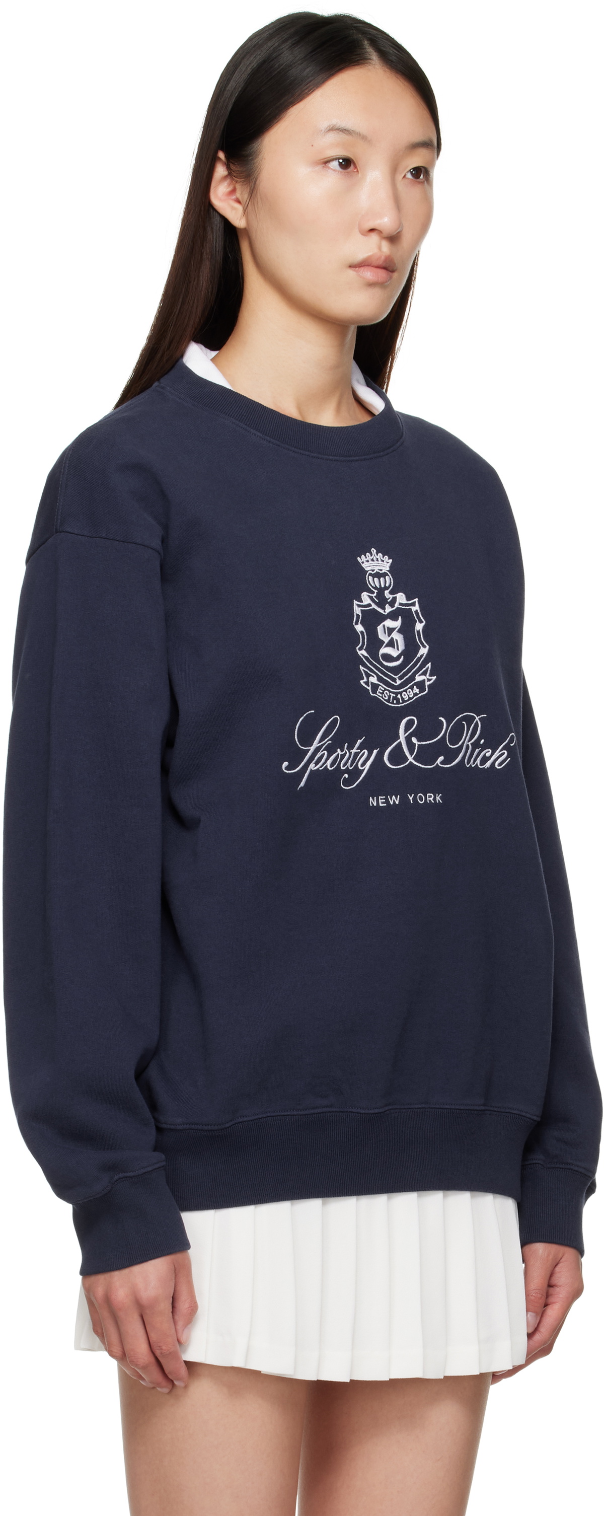 Sporty & Rich Navy Vendome Embroidered Crewneck Sweatshirt