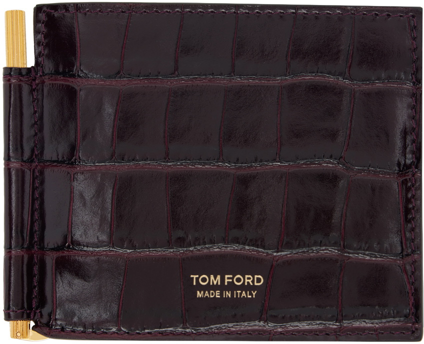 TOM FORD Burgundy Shiny Croc T Line Money Clip Wallet TOM FORD