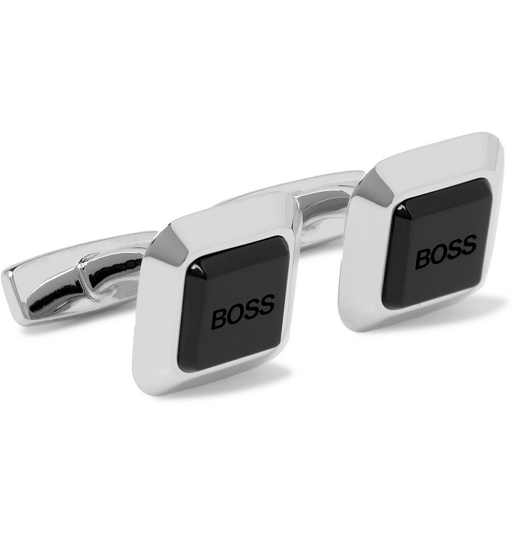 Photo: HUGO BOSS - Logo-Engraved Silver-Tone and Enamel Cufflinks - Silver
