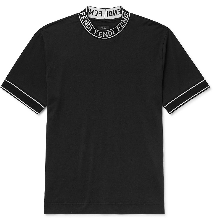 Photo: Fendi - Logo-Jacquard Cotton-Jersey Mock-Neck T-Shirt - Black