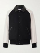 Golden Bear - Collared Raglan Leather Trimmed Wool-Blend Bomber Jacket - Black