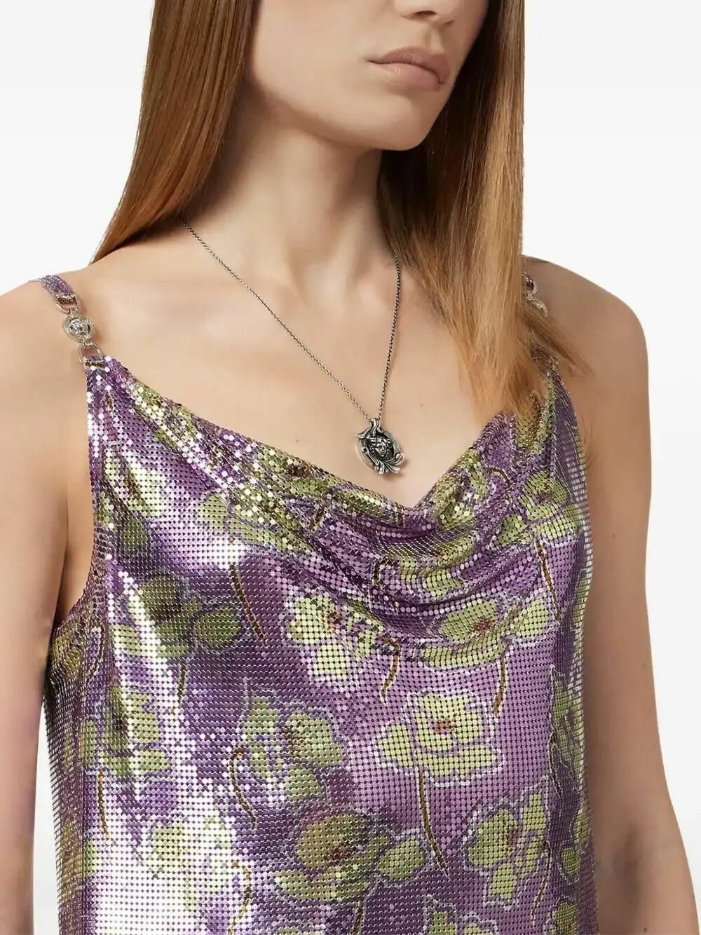 versace cowl-neck mesh mini dress Versace Sleeveless Cowl-Neck Metal Mesh Mini Dress
