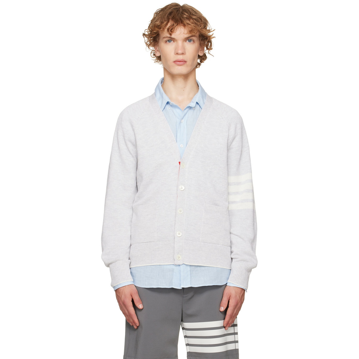 Thom Browne Gray Linen Cotton 4-Bar Relaxed Fit Cardigan