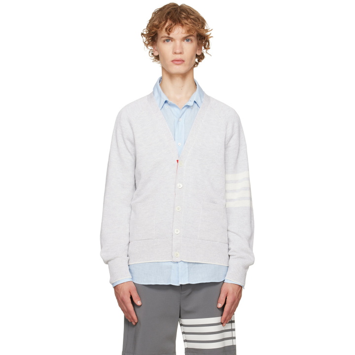 Photo: Thom Browne Gray Linen Cotton 4-Bar Relaxed Fit Cardigan