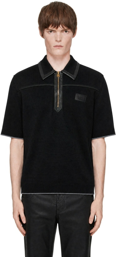 Photo: AMIRI Black Leather Trim Knit Zipped Polo