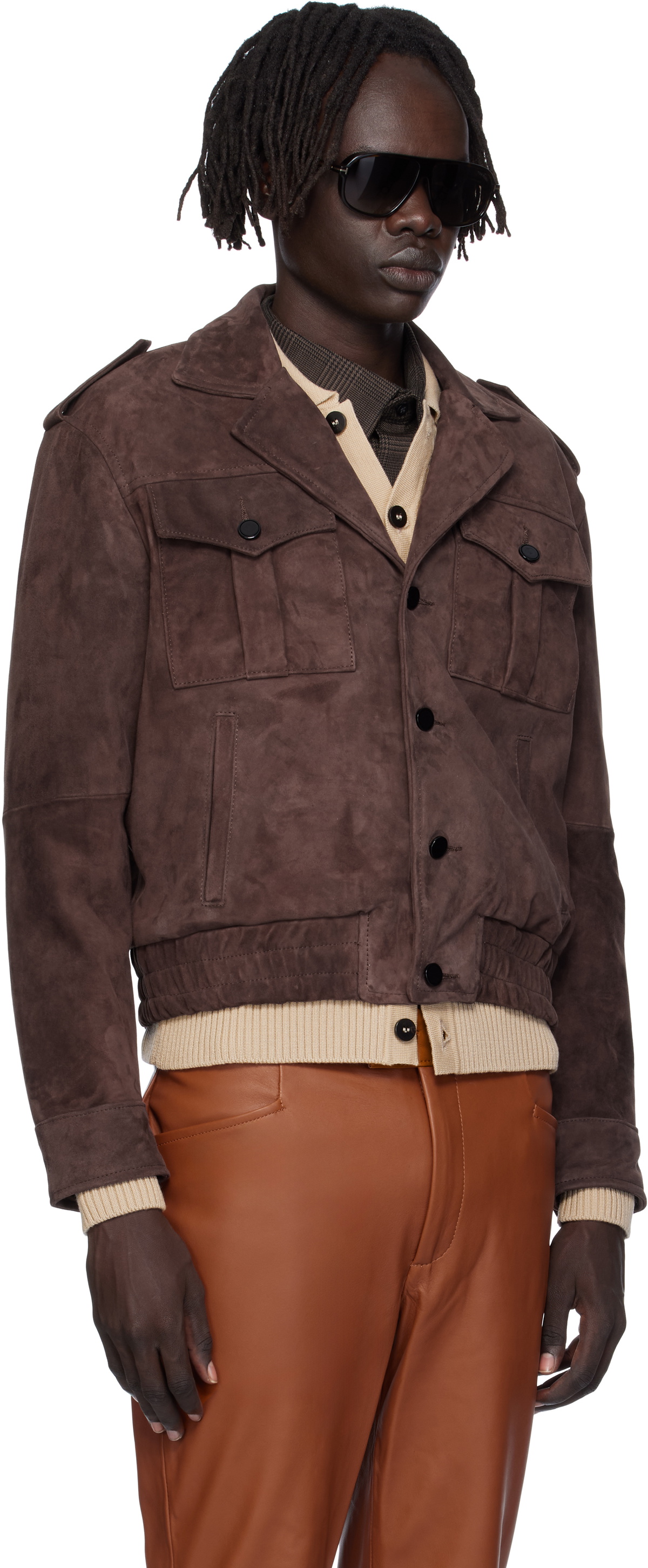 Ernest W. Baker Brown Suede Military Bomber Jacket
