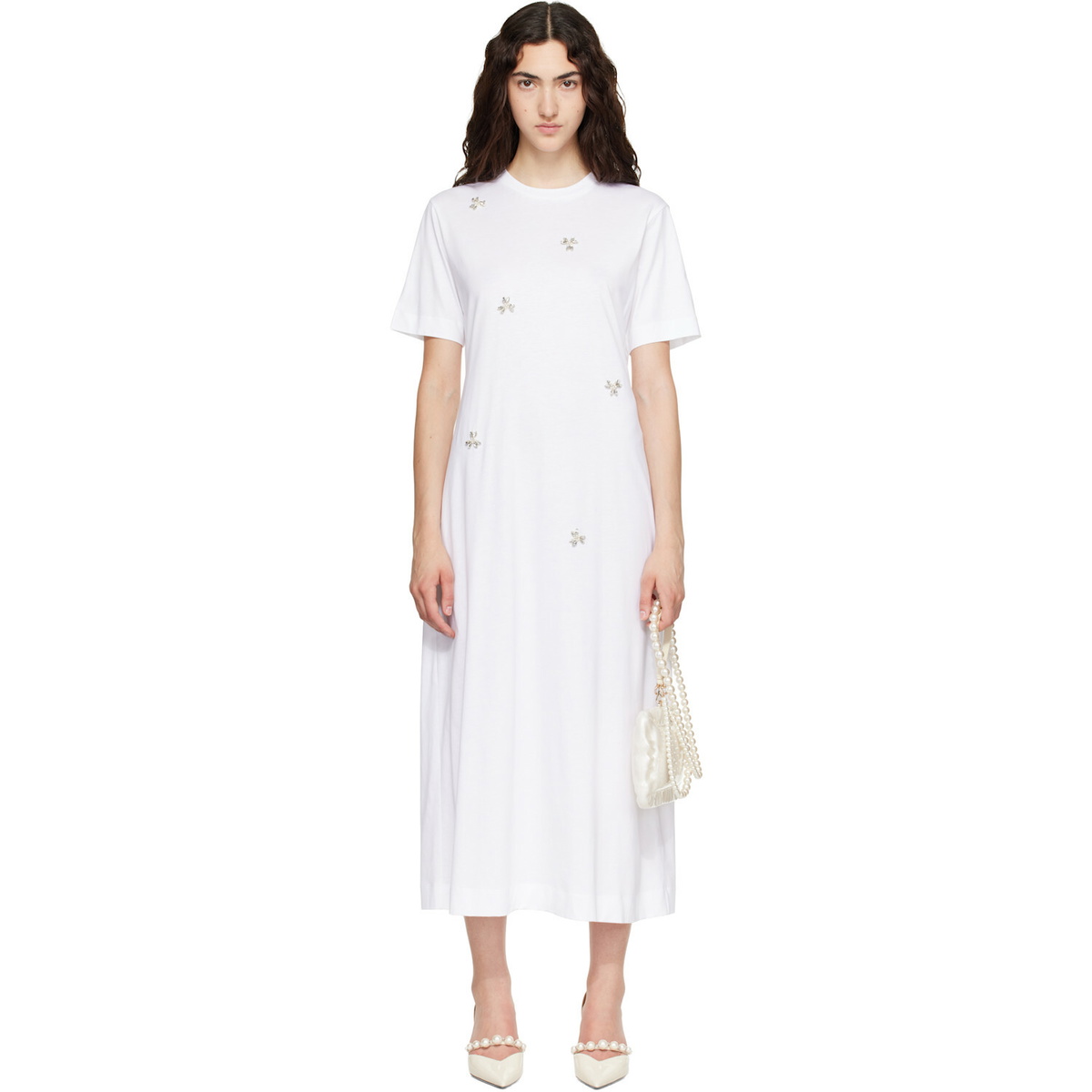 Simone Rocha White Easy Embellished T-shirt Midi Dress