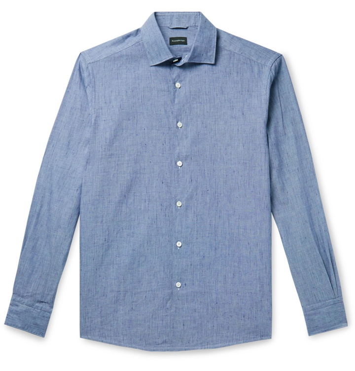 Photo: ERMENEGILDO ZEGNA - Cutaway-Collar Mélange Slub Linen and Cotton-Blend Shirt - Blue