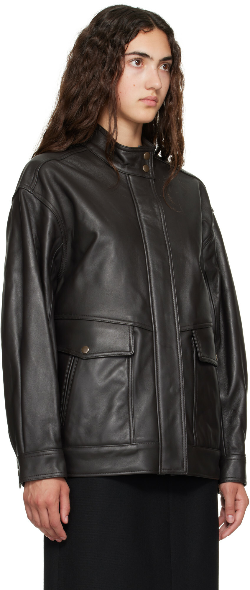 TONYWACK Brown High-Neck Leather Zip Jacket