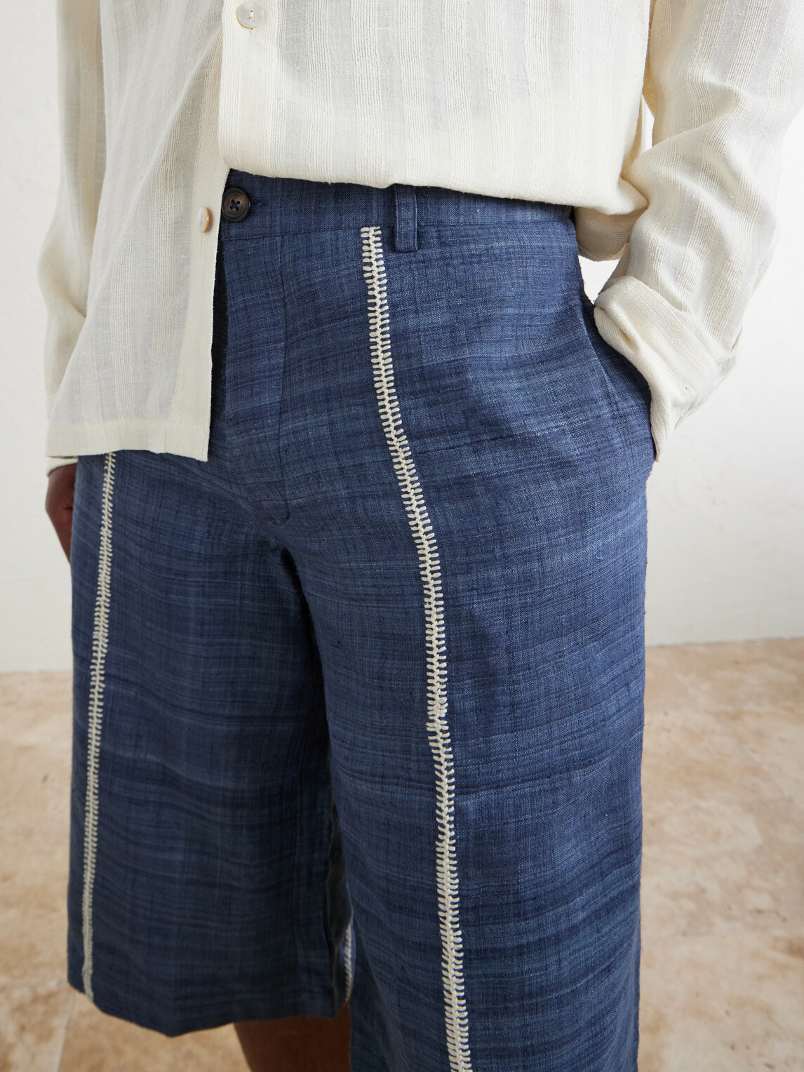 Kartik Research - Rabari Straight-Leg Embroidered Silk Shorts - Blue