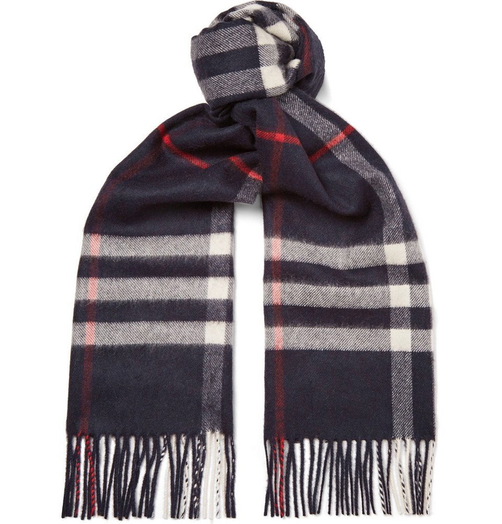 Photo: Burberry - Fringed Checked Cashmere Scarf - Navy