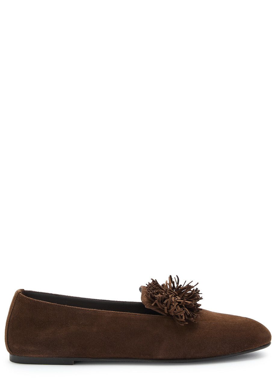 Aquazzura Gytane Fringed Suede Loafers Brown