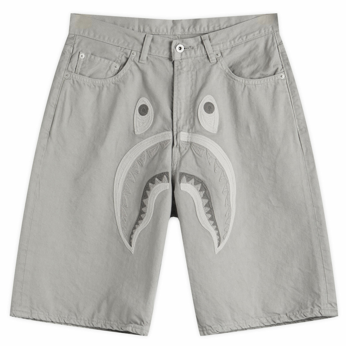 A Bathing Ape Men's Shark Garment Dye Relaxed Fit Denim Shorts in Grey