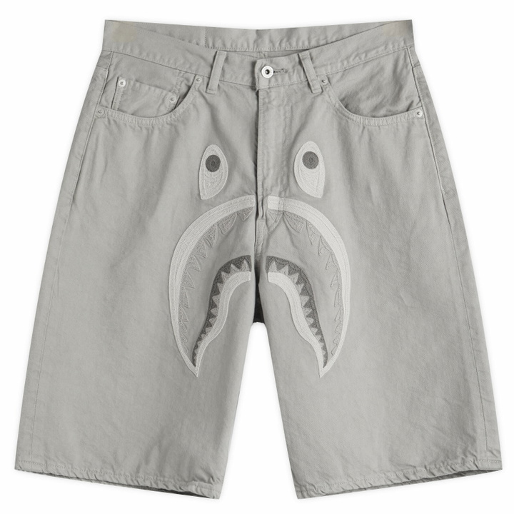 Photo: A Bathing Ape Men's Shark Garment Dye Relaxed Fit Denim Shorts in Grey